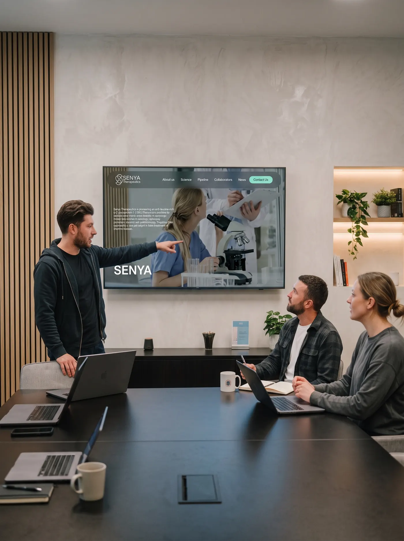 The team presenting a website to clients in a meeting room
